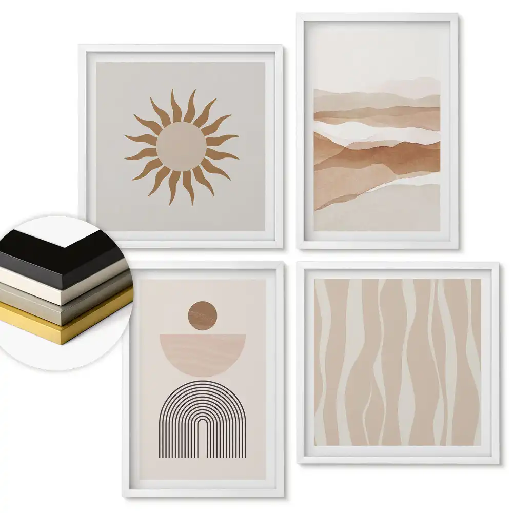 Set de 4 tablouri înrămate cu forme abstracte în nuanțe de bej