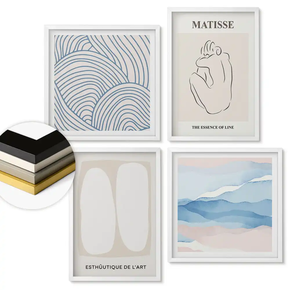 Set de 4 tablouri înrămate cu forme și linii abstracte