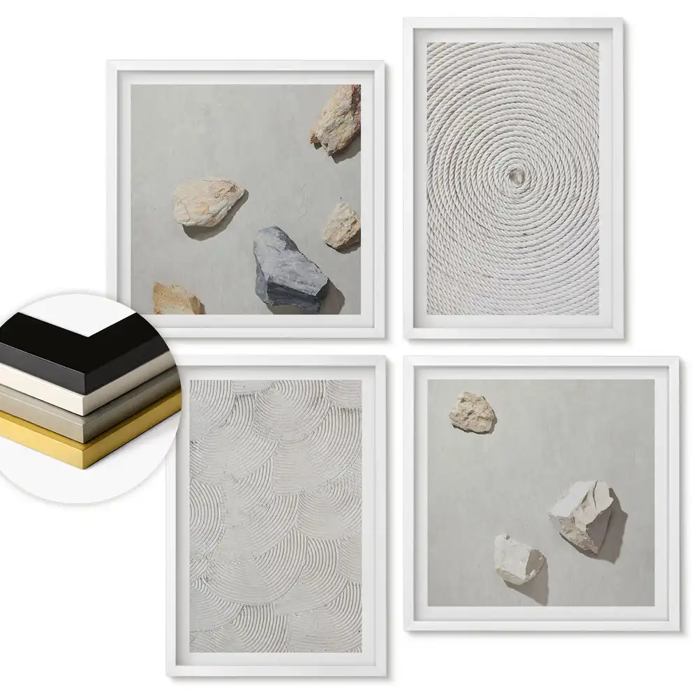 Set de tablouri înrămate cu compoziții minimaliste din pietre și texturi