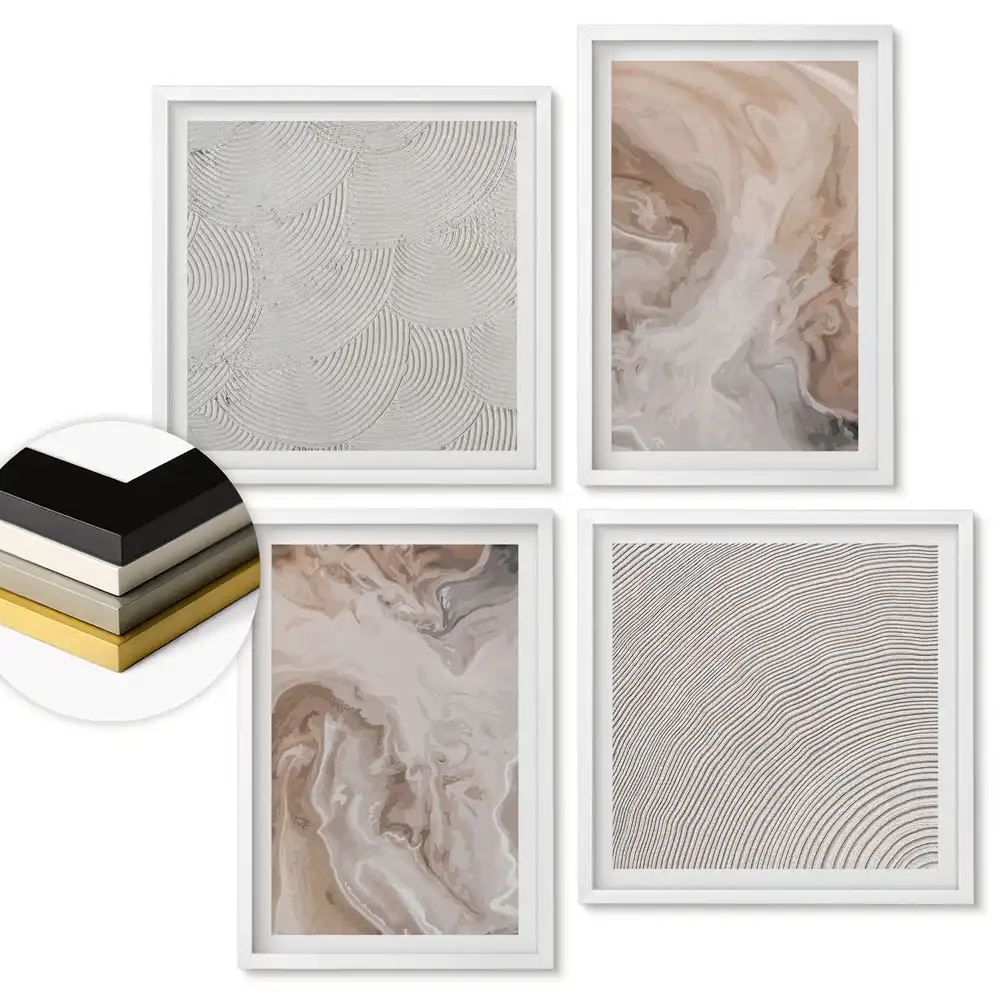 Set de 4 tablouri înrămate cu modele abstracte în nuanțe de bej
