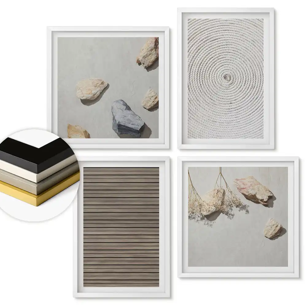 Set de 4 tablouri înrămate Compoziții minimaliste cu elemente naturale