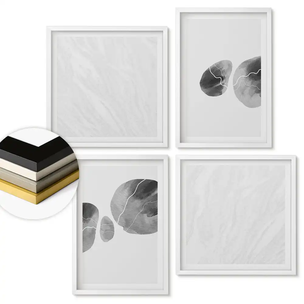 Set de tablouri înrămate cu forme abstracte în nuanțe de gri