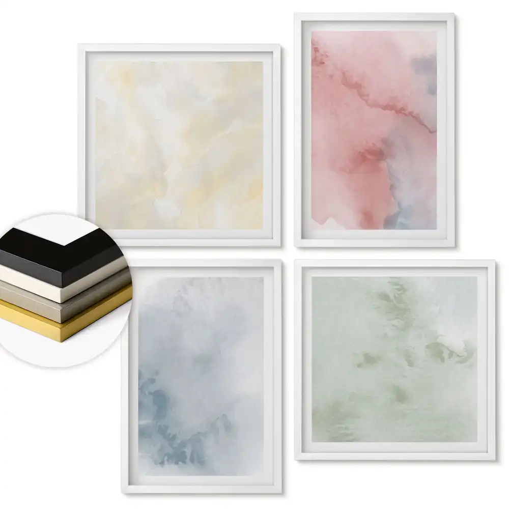Set de 4 tablouri înrămate cu acuarele abstracte în nuanțe pastelate