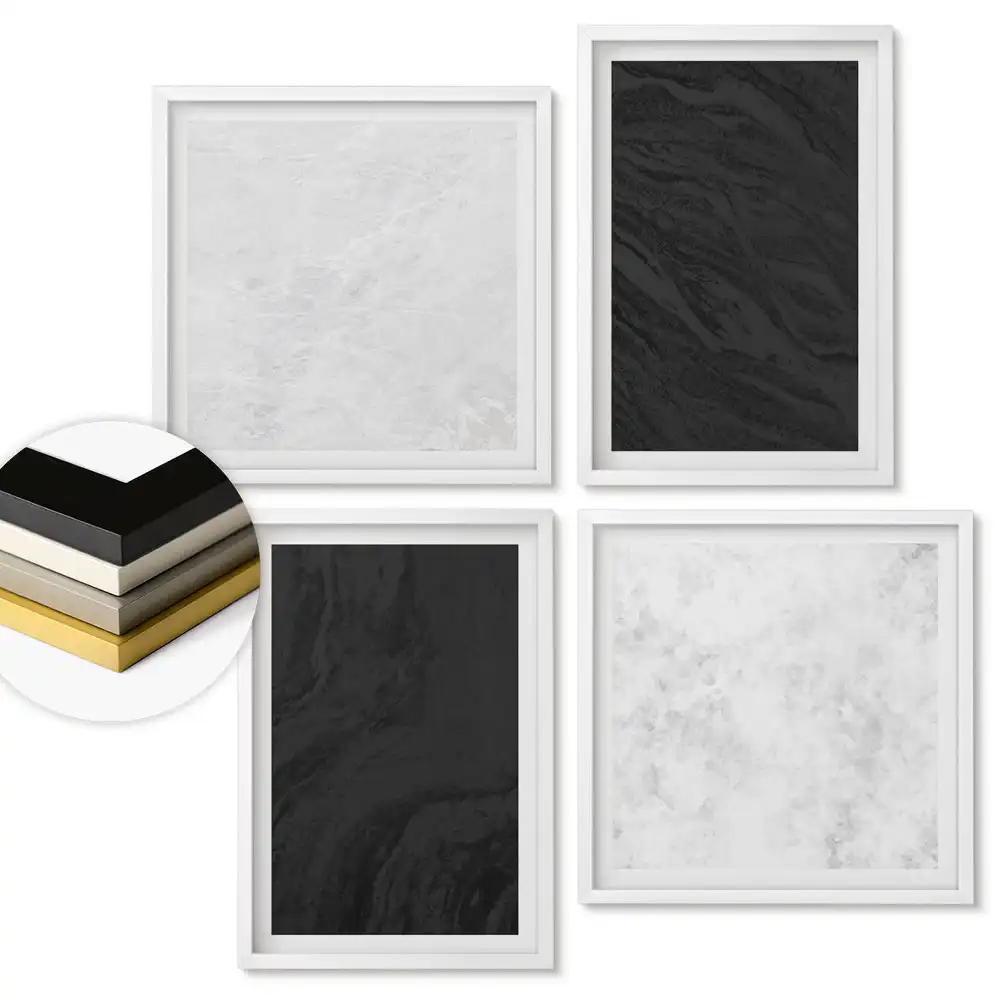 Set de 4 tablouri înrămate cu texturi contrastante alb și negru