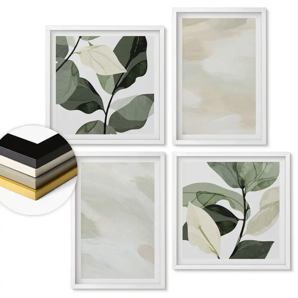 Set de 4 tablouri înrămate cu accente vegetale în stil minimalist