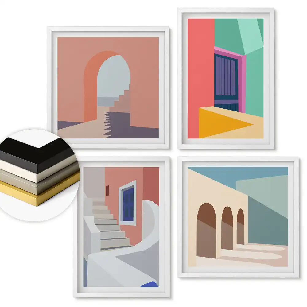 Set de 4 tablouri înrămate cu arhitectură abstractă în culori pastelate
