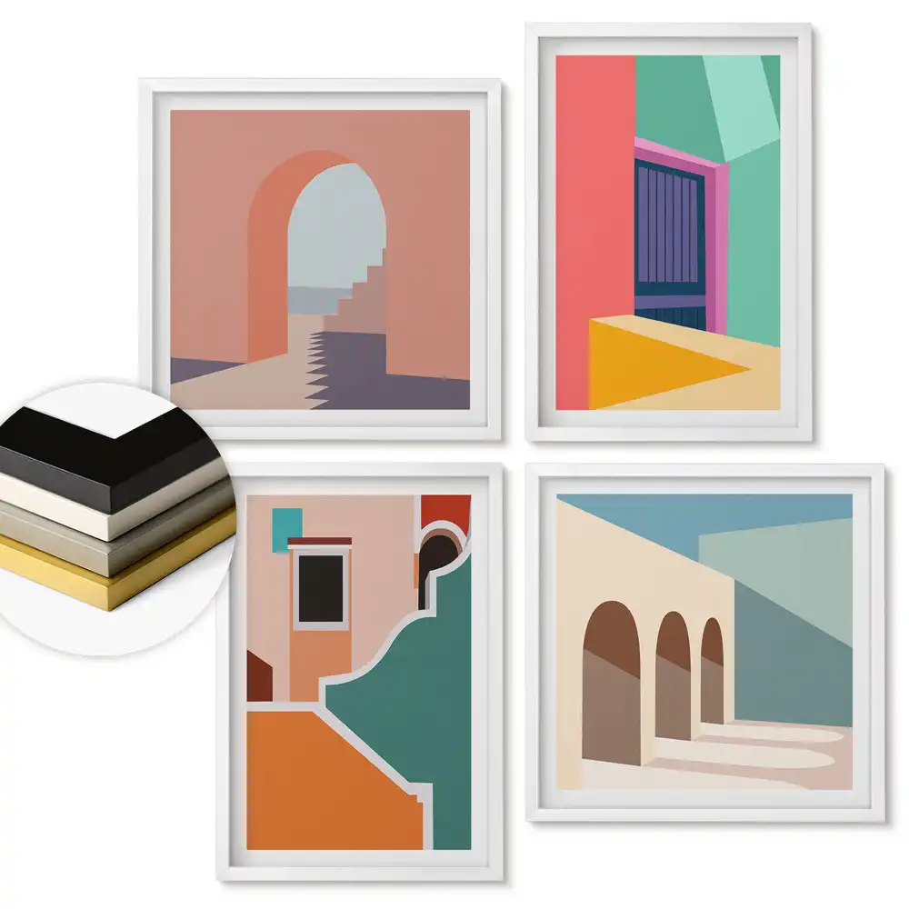 Set de tablouri înrămate cu abstracțiuni arhitecturale colorate
