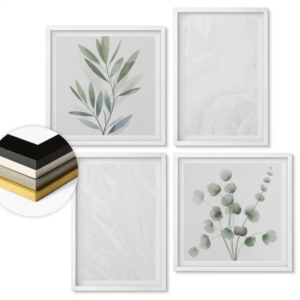Set 4 tablouri înrămate cu plante verzi în stil minimalist