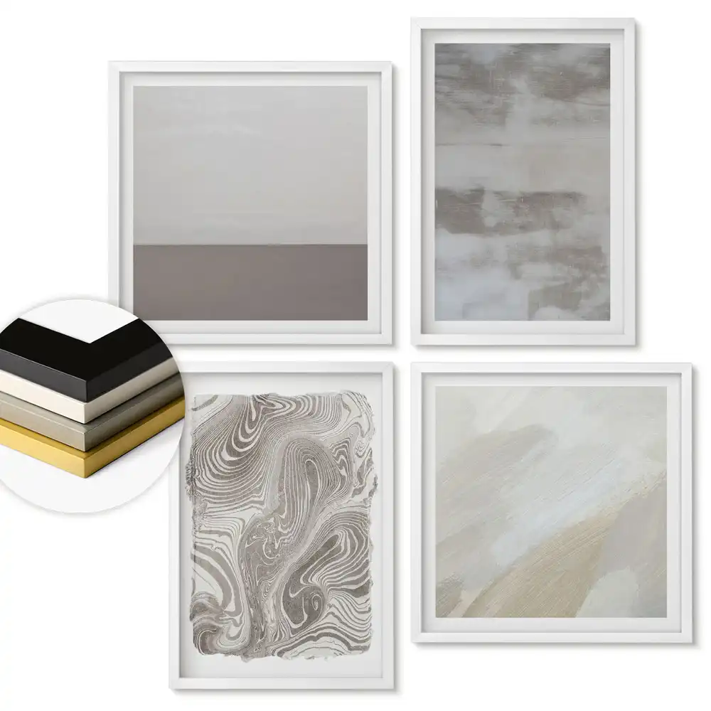 Set de 4 tablouri înrămate cu compoziții abstracte în culori discrete