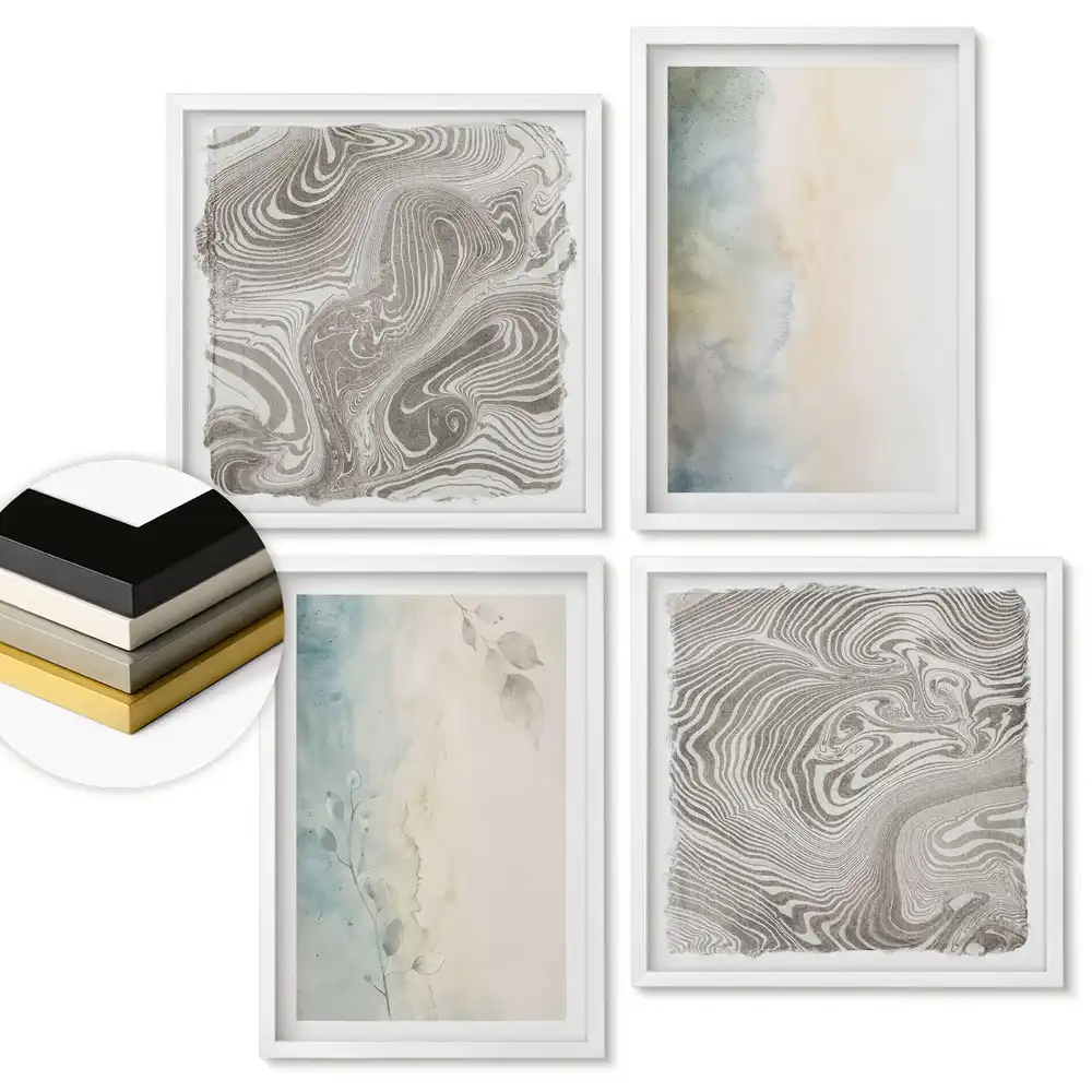 Set de 4 tablouri înrămate cu modele abstracte și culori delicate