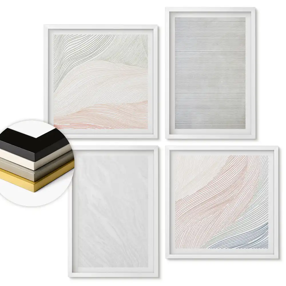 Set 4 tablouri înrămate Valuri abstracte în nuanțe delicate