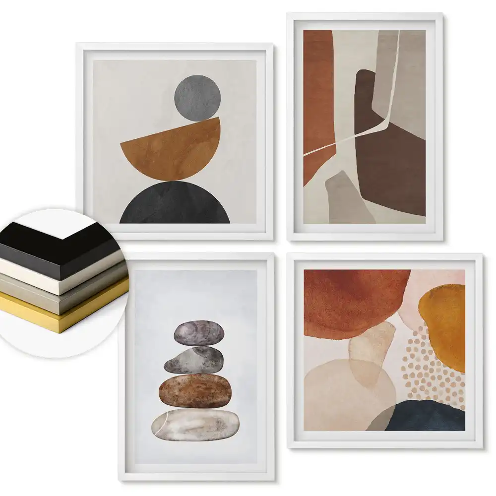 Set de 4 tablouri înrămate cu compoziții abstracte în culori discrete