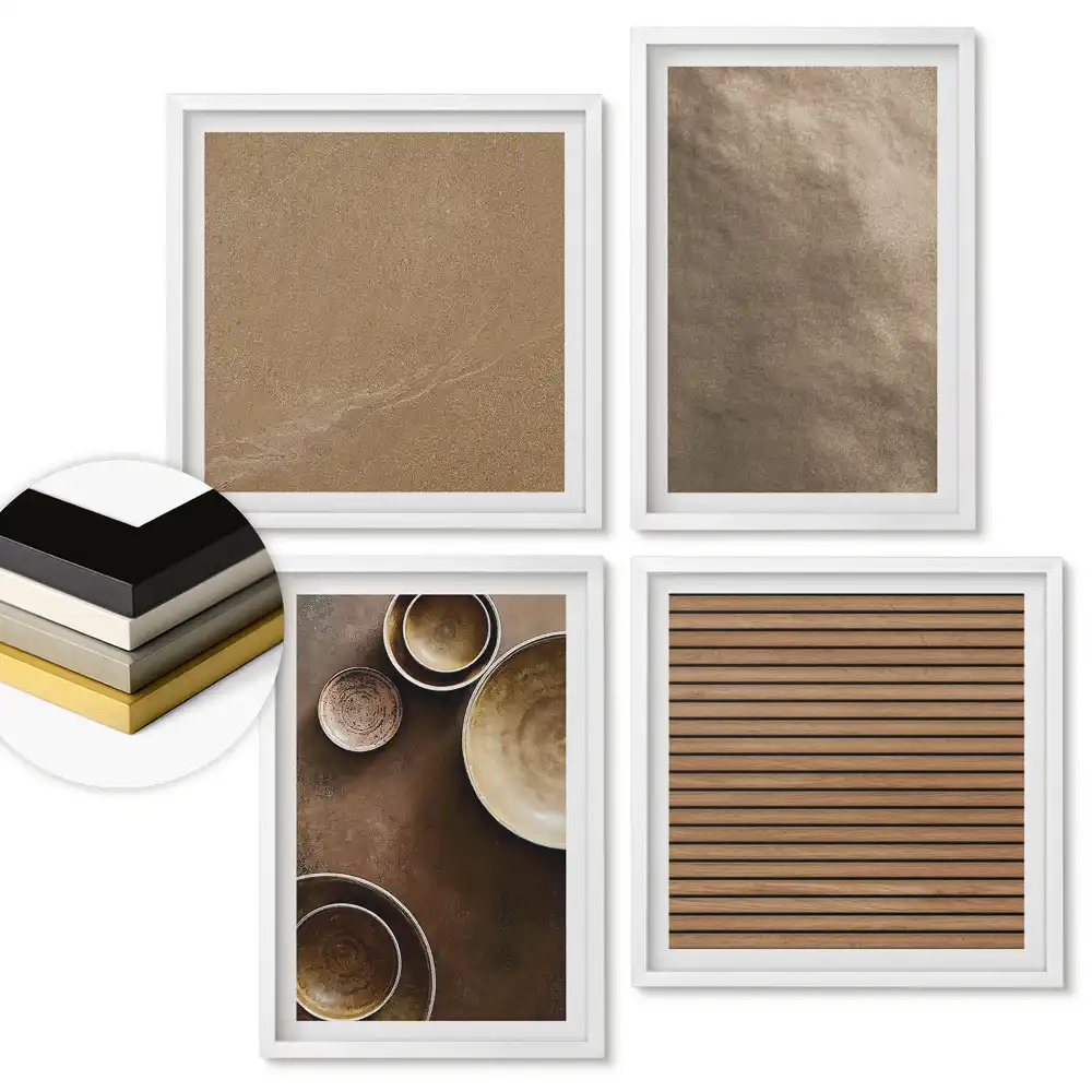 Set de tablouri înrămate cu texturi naturale și tacâmuri minimaliste