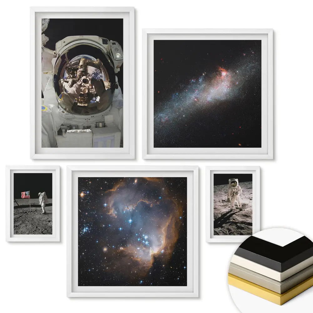 Set de 5 tablouri înrămate cu tematică Descoperiri spațiale și călătorii galactice