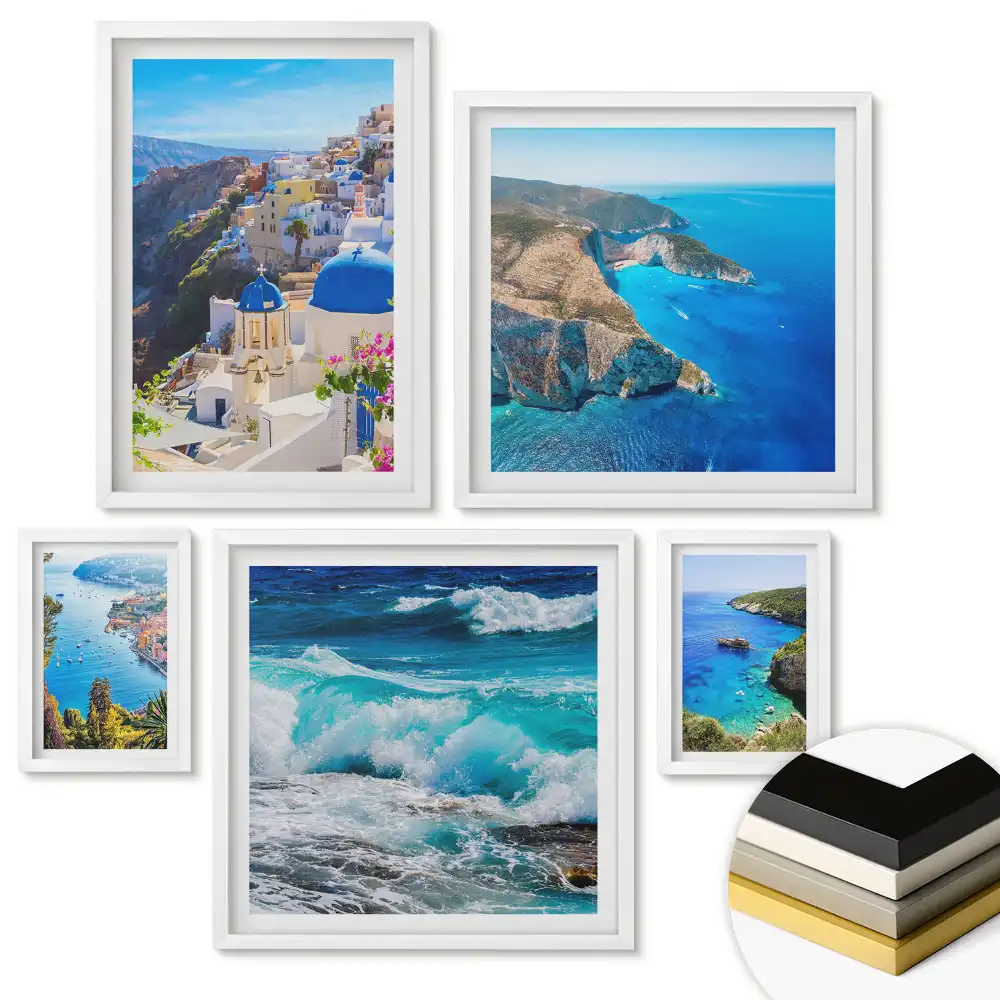 Set de 5 tablouri înrămate cu peisaje pitorești de coastă din Grecia