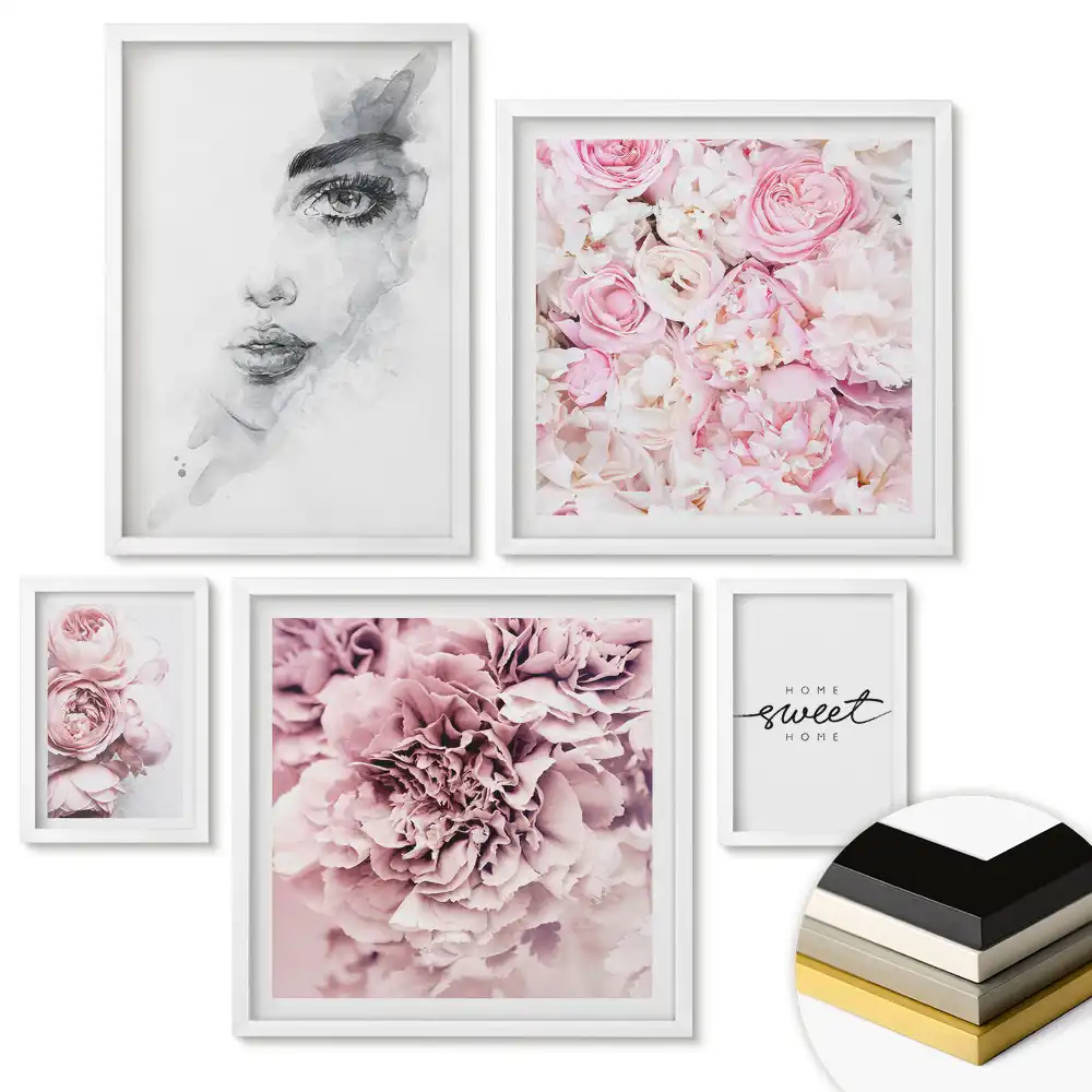Set 5 tablouri înrămate Inspirații florale în nuanțe pastelate