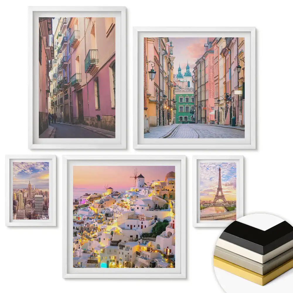 Set 5 tablouri înrămate Orașe magice la apusul soarelui
