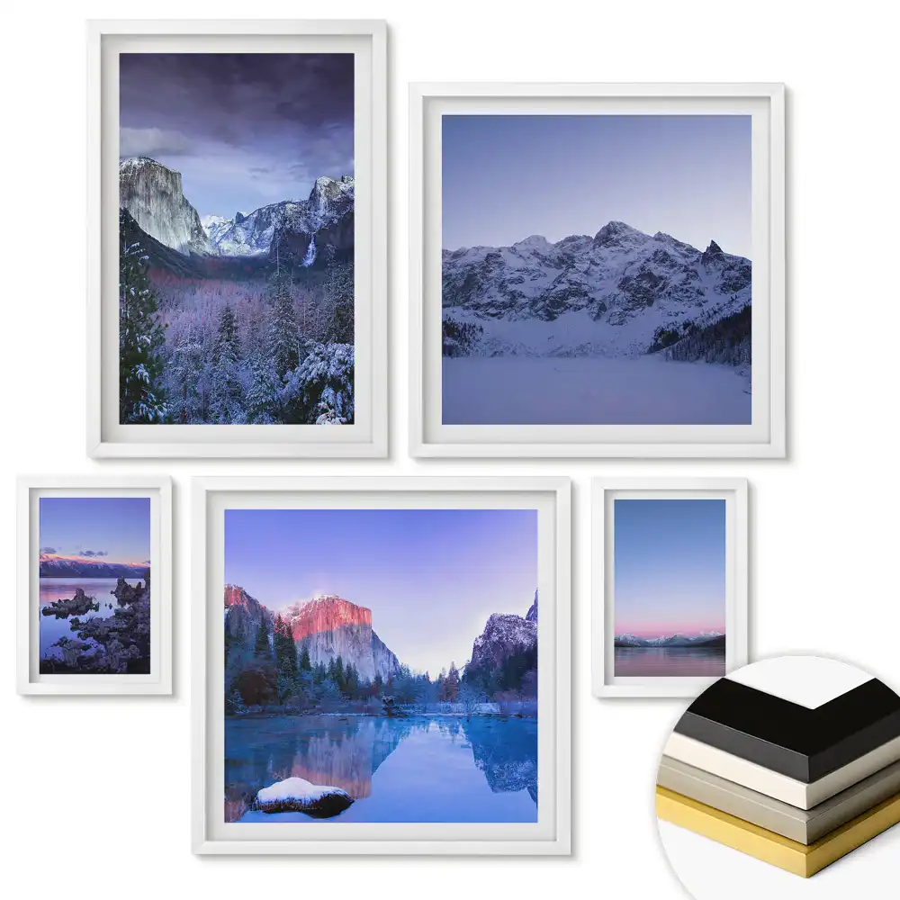 Set de 5 tablouri înrămate cu peisaje montane și lacuri de iarnă