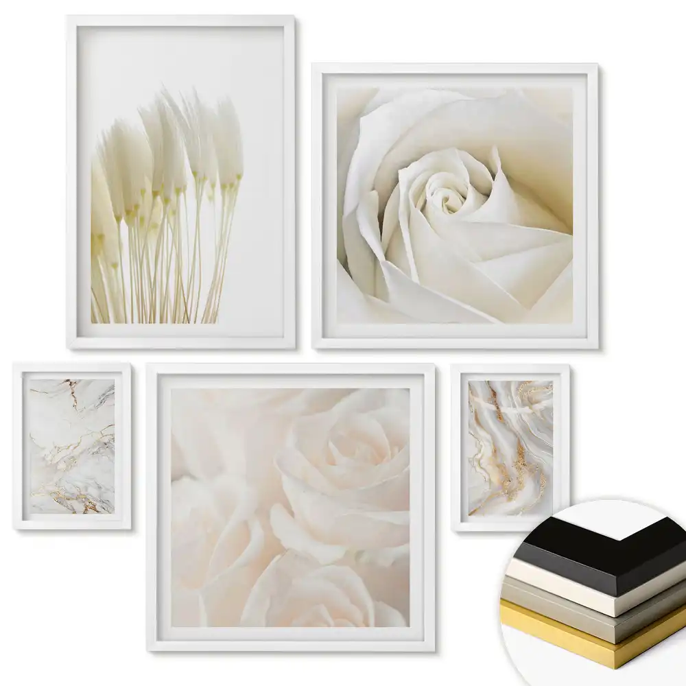 Set 5 tablouri înrămate Eleganță în alb și auriu