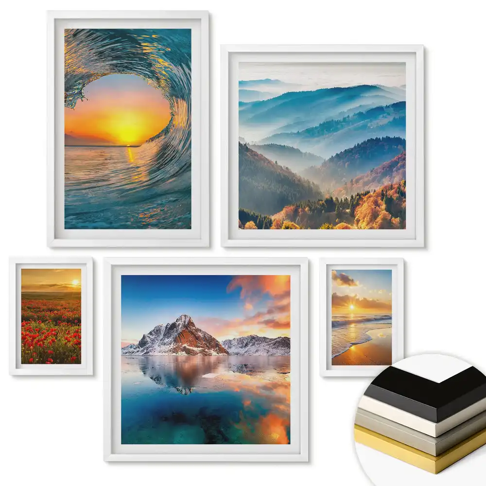 Set de 5 tablouri înrămate Natura în strălucirea soarelui la apus