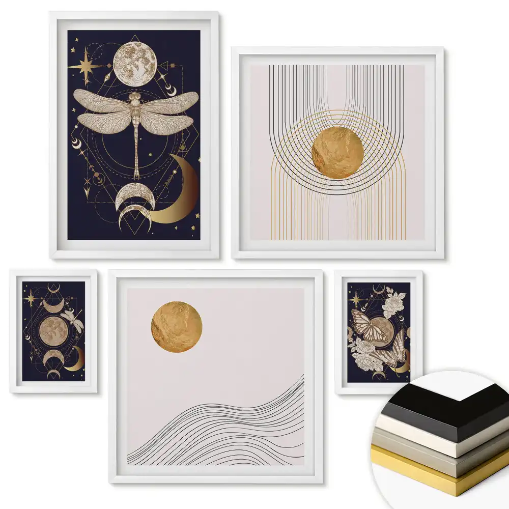 Set de 5 tablouri înrămate cu motive cosmice în stil elegant