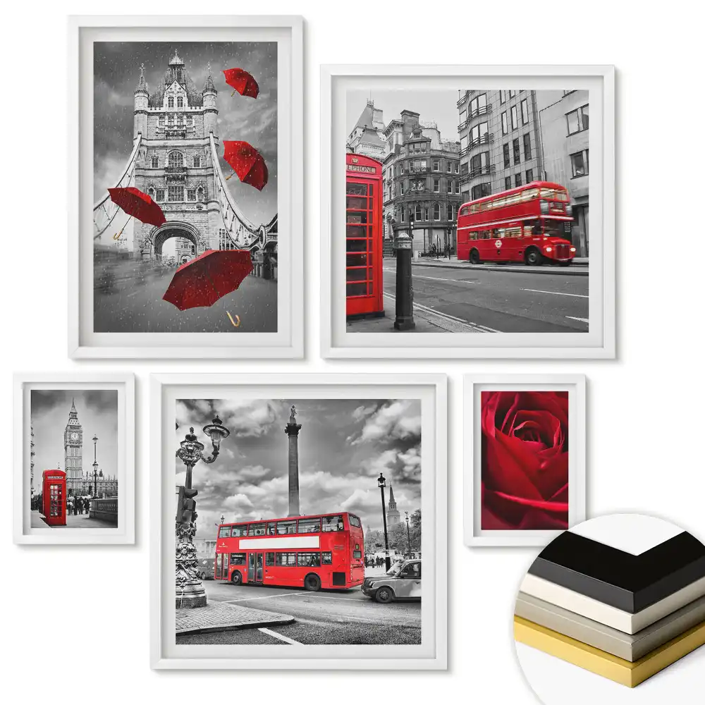 Set de 5 tablouri înrămate Londra roșie într-un cadru ploios