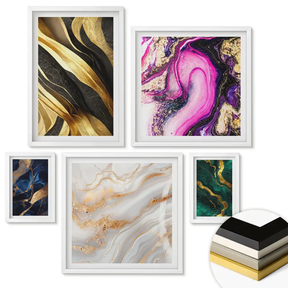 Set de 5 tablouri înrămate cu compoziții abstracte în nuanțe colorate și aurii