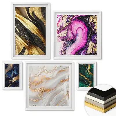 Set 5 tablouri înrămate Compoziții abstracte cu culori și auriu