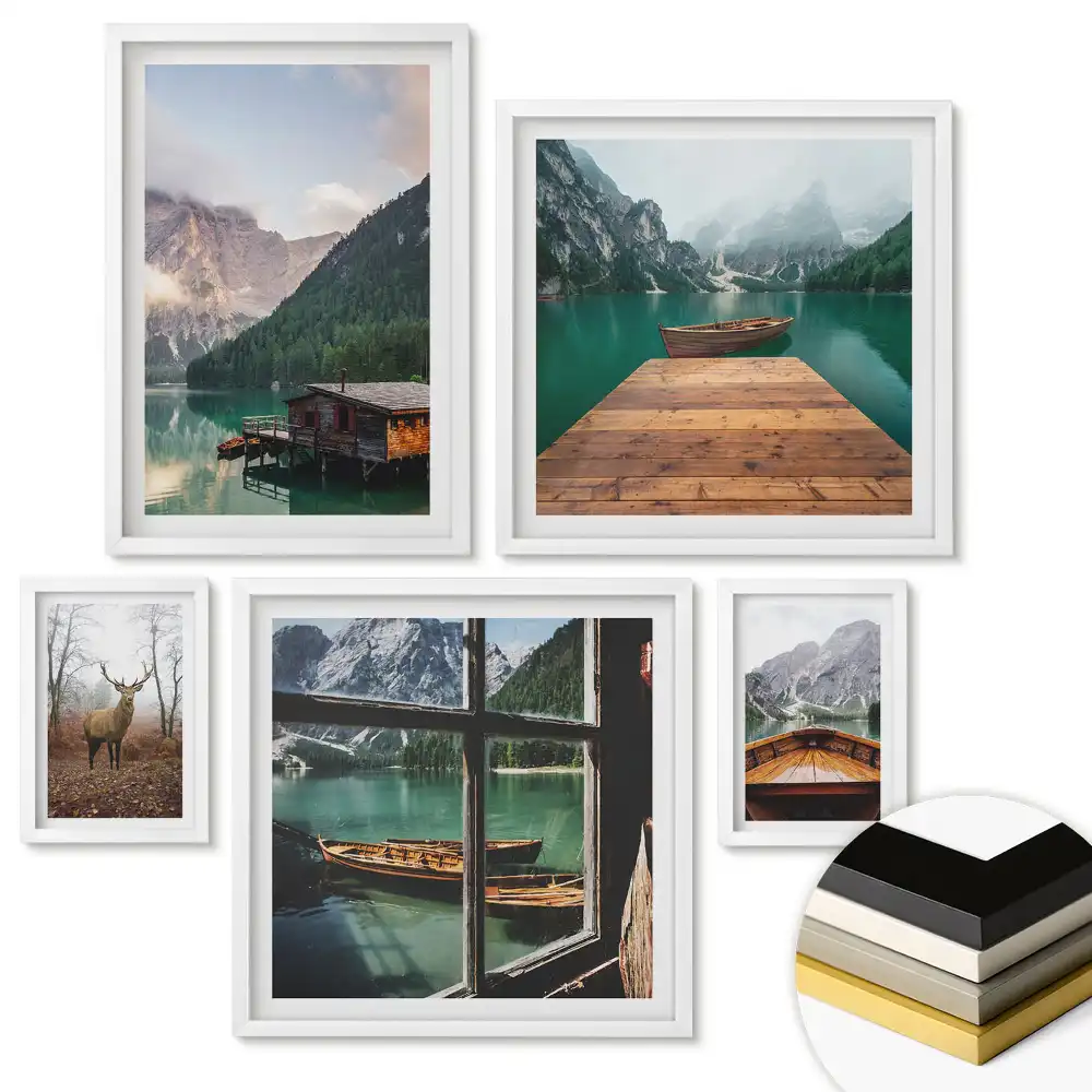 Set de 5 tablouri înrămate cu peisaje montane și lacuri liniștite