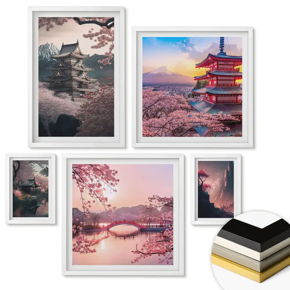 Set 5 tablouri înrămate Peisaje din Japonia în strălucirea primăverii