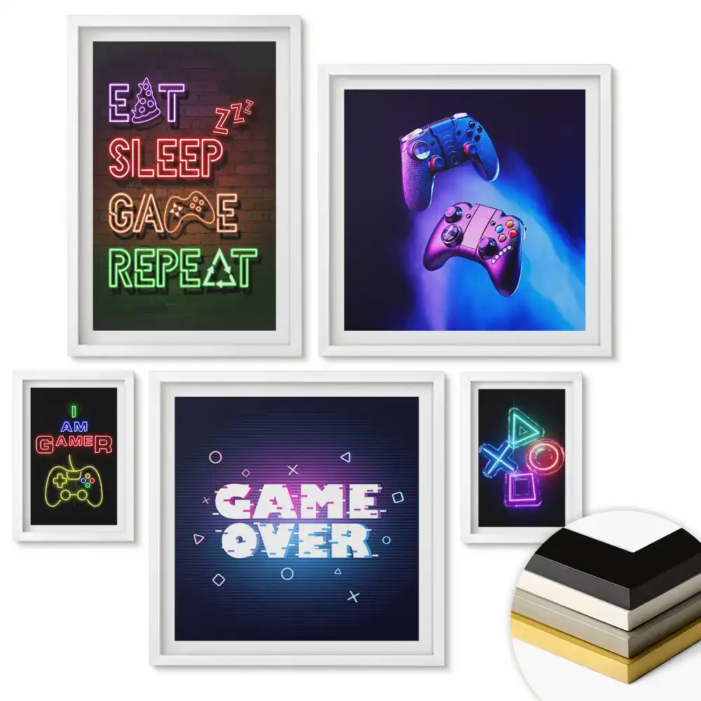 Set de 5 tablouri înrămate cu design neon pentru gaming