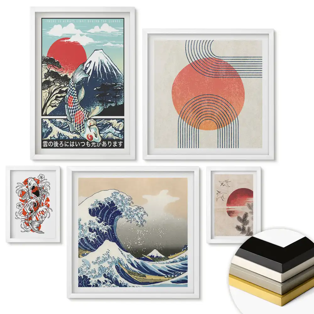 Set de 5 tablouri înrămate cu artă japoneză în stil modern