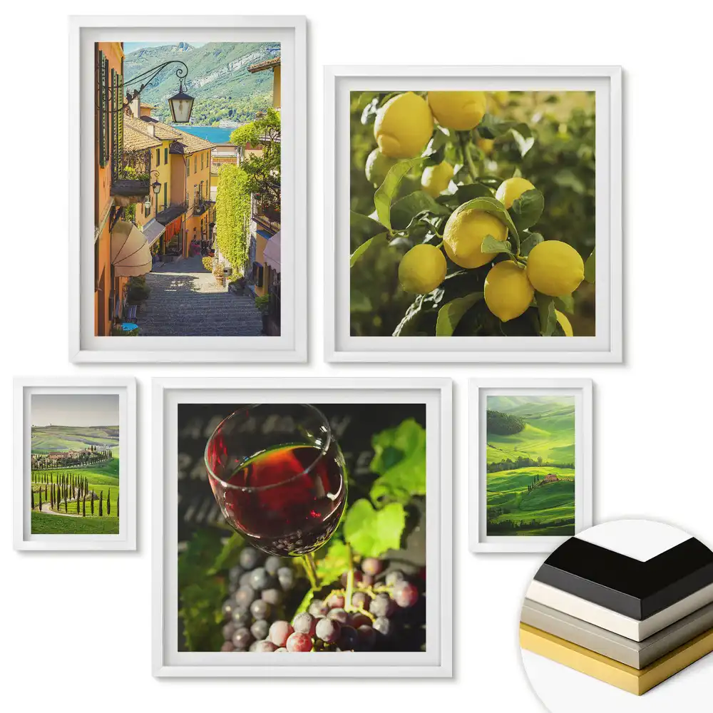 Set de 5 tablouri înrămate cu peisaje italiene și arome ale naturii