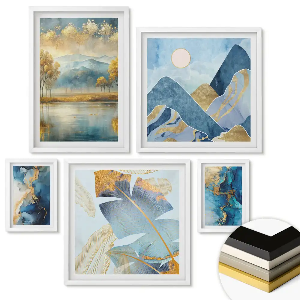 Set 5 tablouri înrămate Peisaje abstracte în nuanțe de albastru