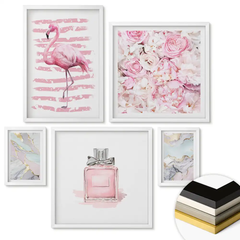 Set 5 tablouri înrămate Eleganță în nuanțe pastelate și flori