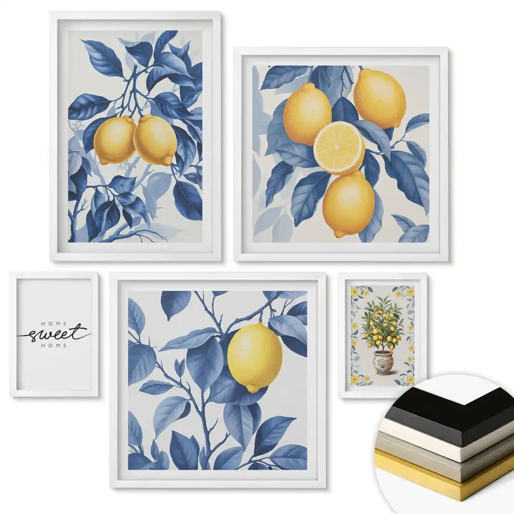 Set 5 tablouri înrămate Prospețimea lămâii în arta decorativă