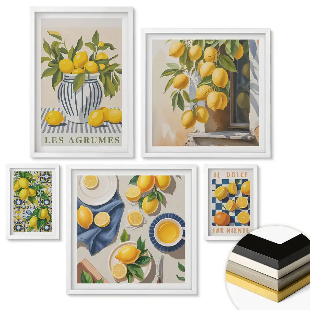 Set de 5 tablouri înrămate cu grafică atmosferică având tematică cu natură și vin