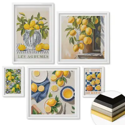 Set de 5 tablouri înrămate cu grafică atmosferică având tematică cu natură și vin