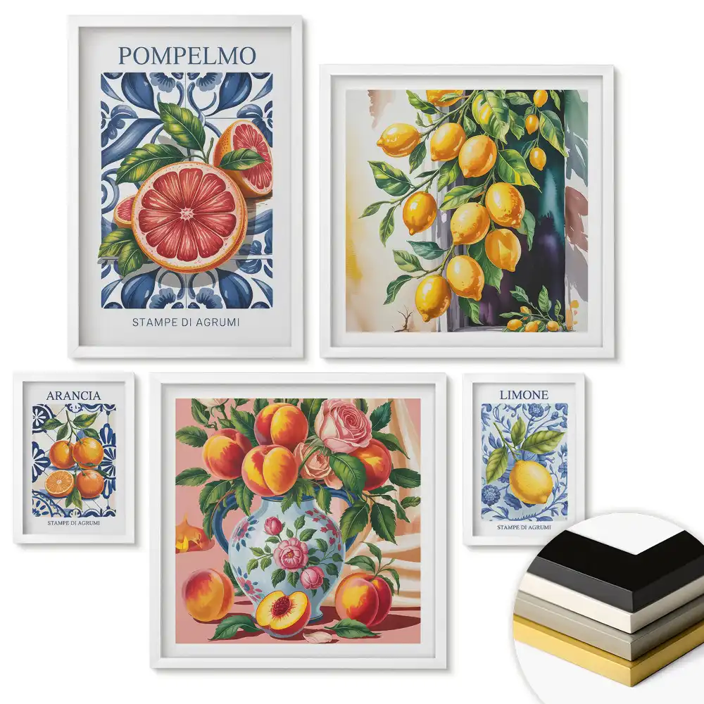 Set de 5 tablouri înrămate cu citrice în culori și forme