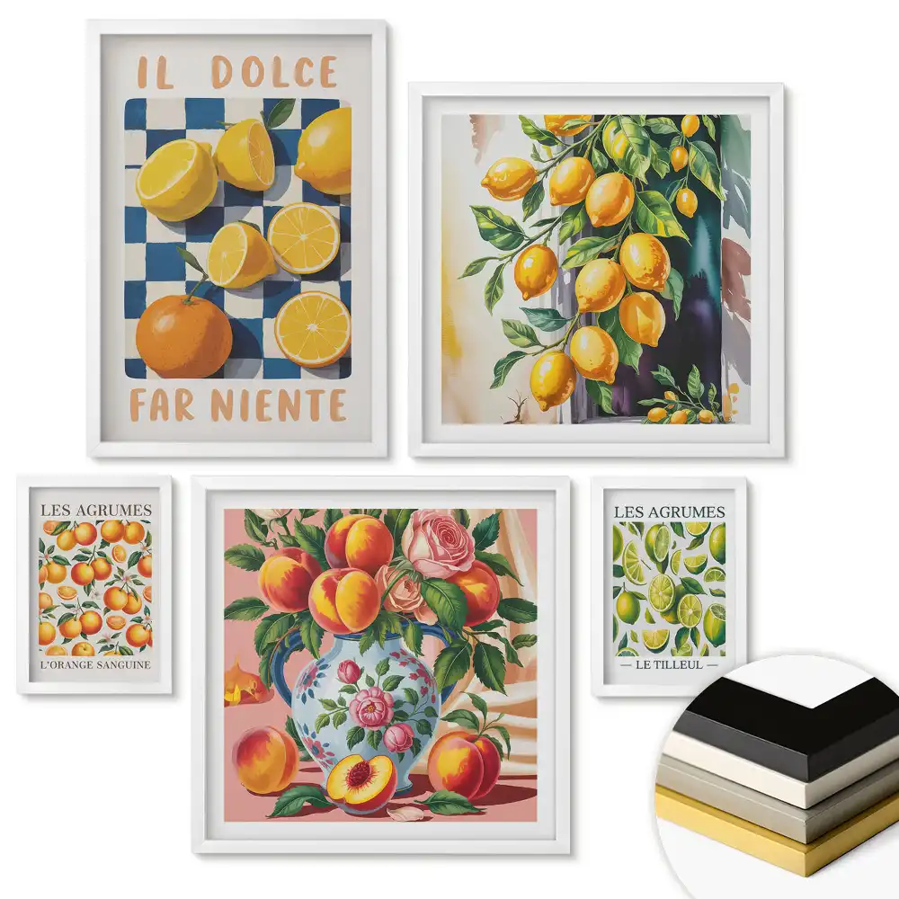 Set de 5 tablouri înrămate cu picturi reprezentând citrice și măsline
