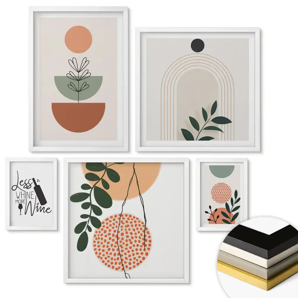 Set 5 tablouri înrămate Compoziții abstracte de plante și geometrice