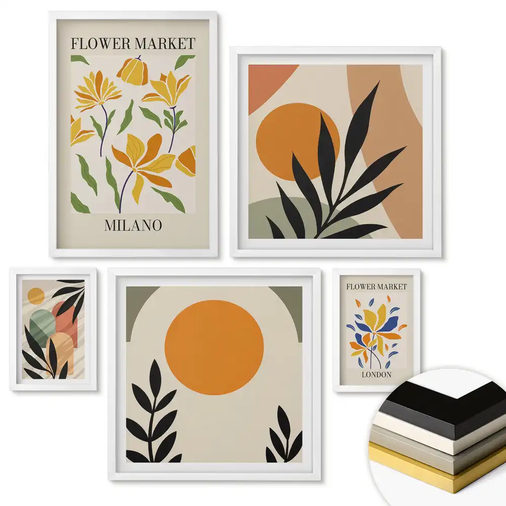 Set 5 tablouri înrămate Geometrie în nuanțe de galben și verde