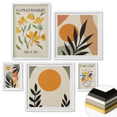 Set de 5 tablouri înrămate Geometrie în nuanțe de galben și verde