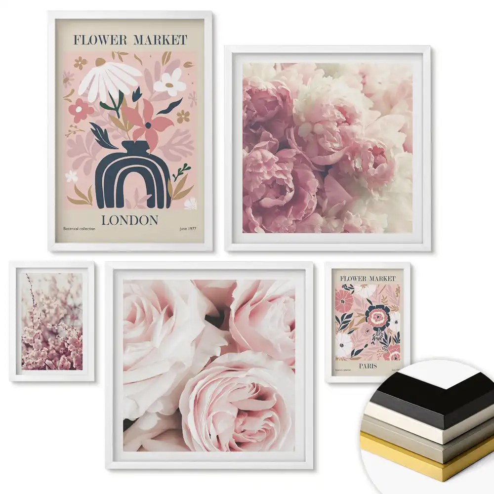 Set de 5 tablouri înrămate Piața de Flori din Paris și Londra