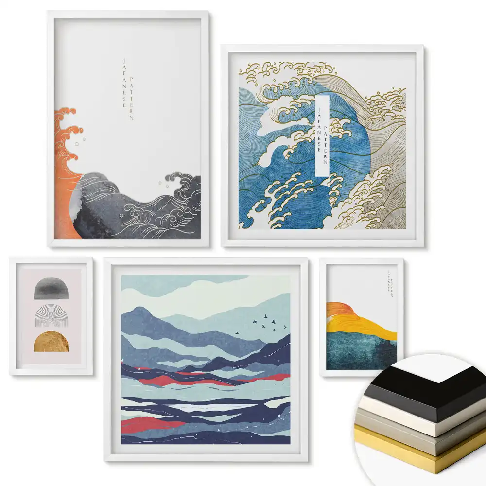 Set 5 tablouri înrămate cu flori aurii în stil modern