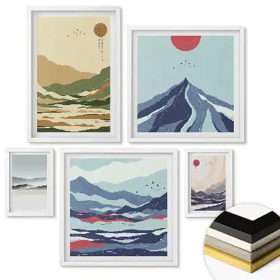 Set 5 tablouri înrămate Liniștea munților în culori delicate