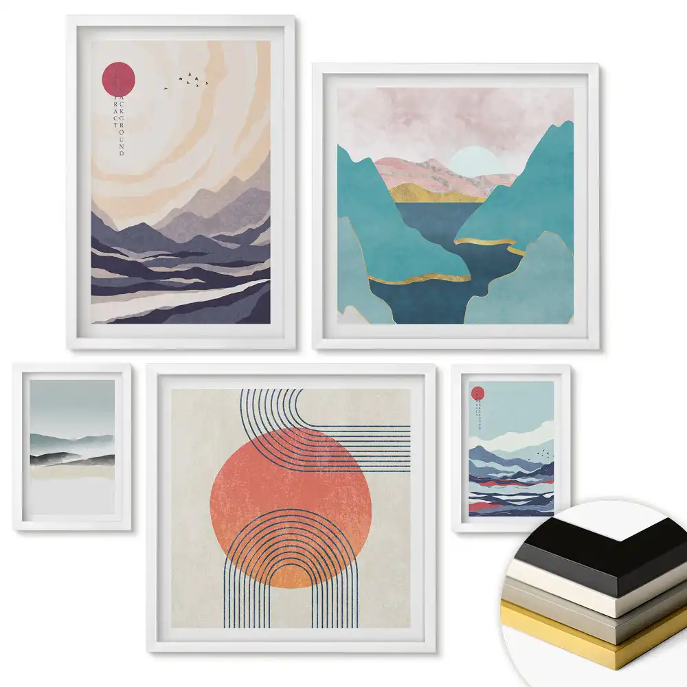 Set 5 tablouri înrămate Peisaje abstracte în culori calde