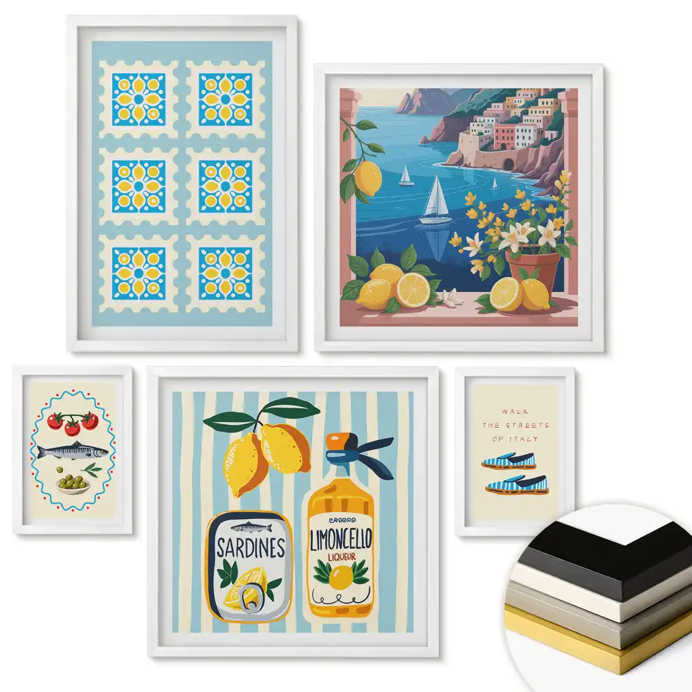 Set 5 tablouri înrămate cu grafică colorată reprezentând litoralul și tematică culinară