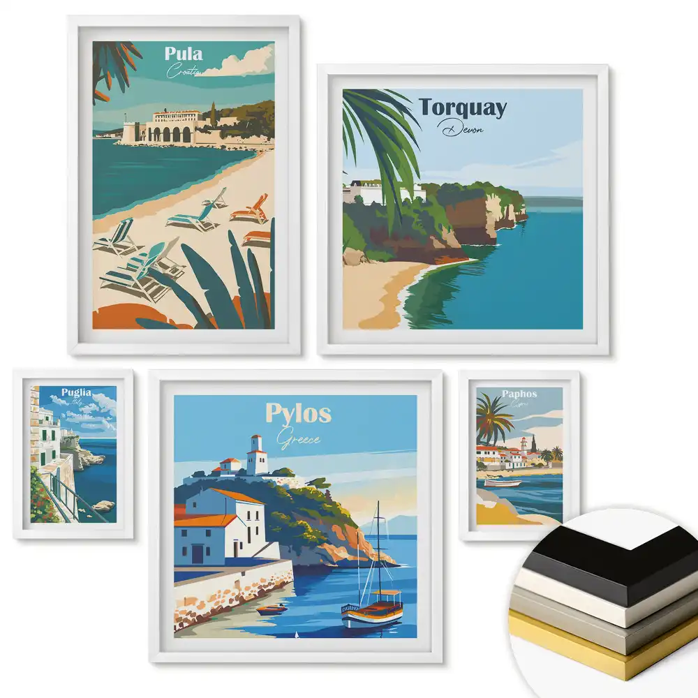Set 5 tablouri înrămate Locuri pitorești din Europa în ilustrații