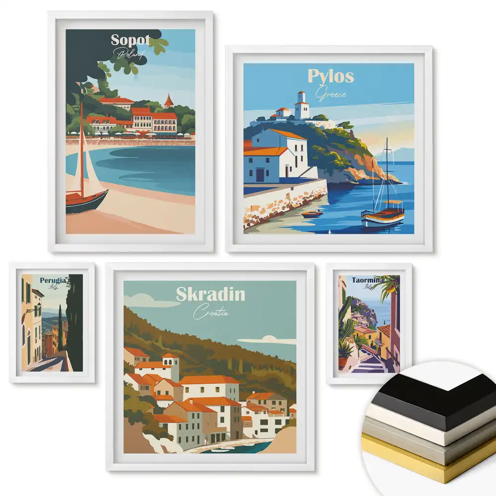 Set tablouri înrămate Locuri pitorești din Europa în ilustrații